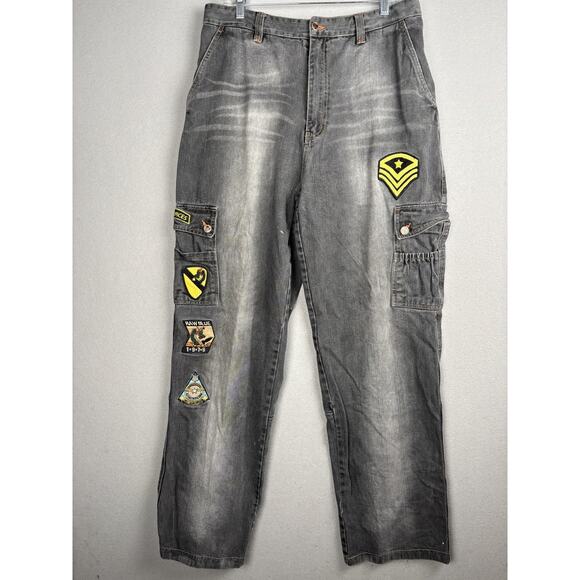 Raw Blue Jeans Mens W34 L34 Gray Cargo Pants Patchwork Badge Streetwear Y2K - Picture 1 of 16